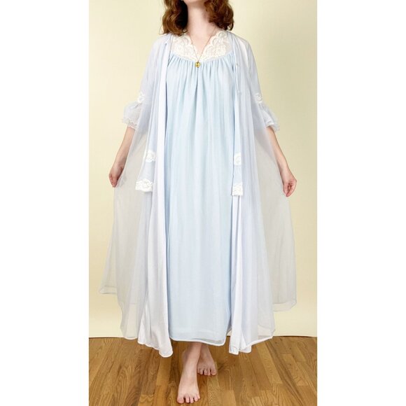 Vintage Chiffon Two Piece Matching Set Robe Slip Lace Maxi Chemise Dress 50s 60s - Picture 7 of 7